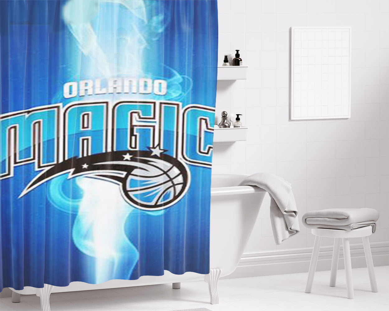 Orlando Magic Basketball Blue Flame Bathroom Shower Curtain Fabric Waterproof | 66 X 72 Inch