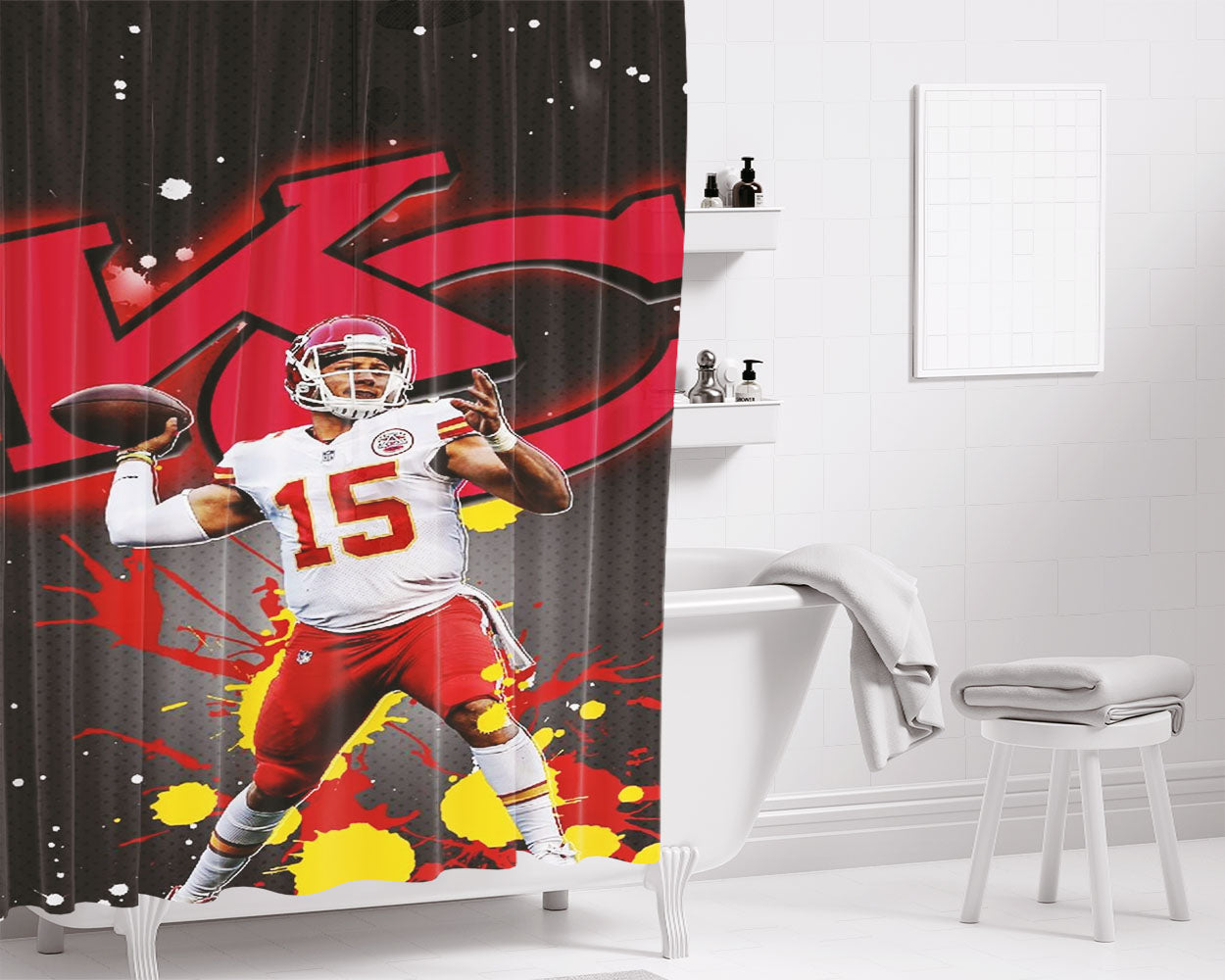 Patrick Mahomes Kc Chiefs Nfl Bathroom Shower Curtain Fabric Waterproof | 66 X 72 Inch