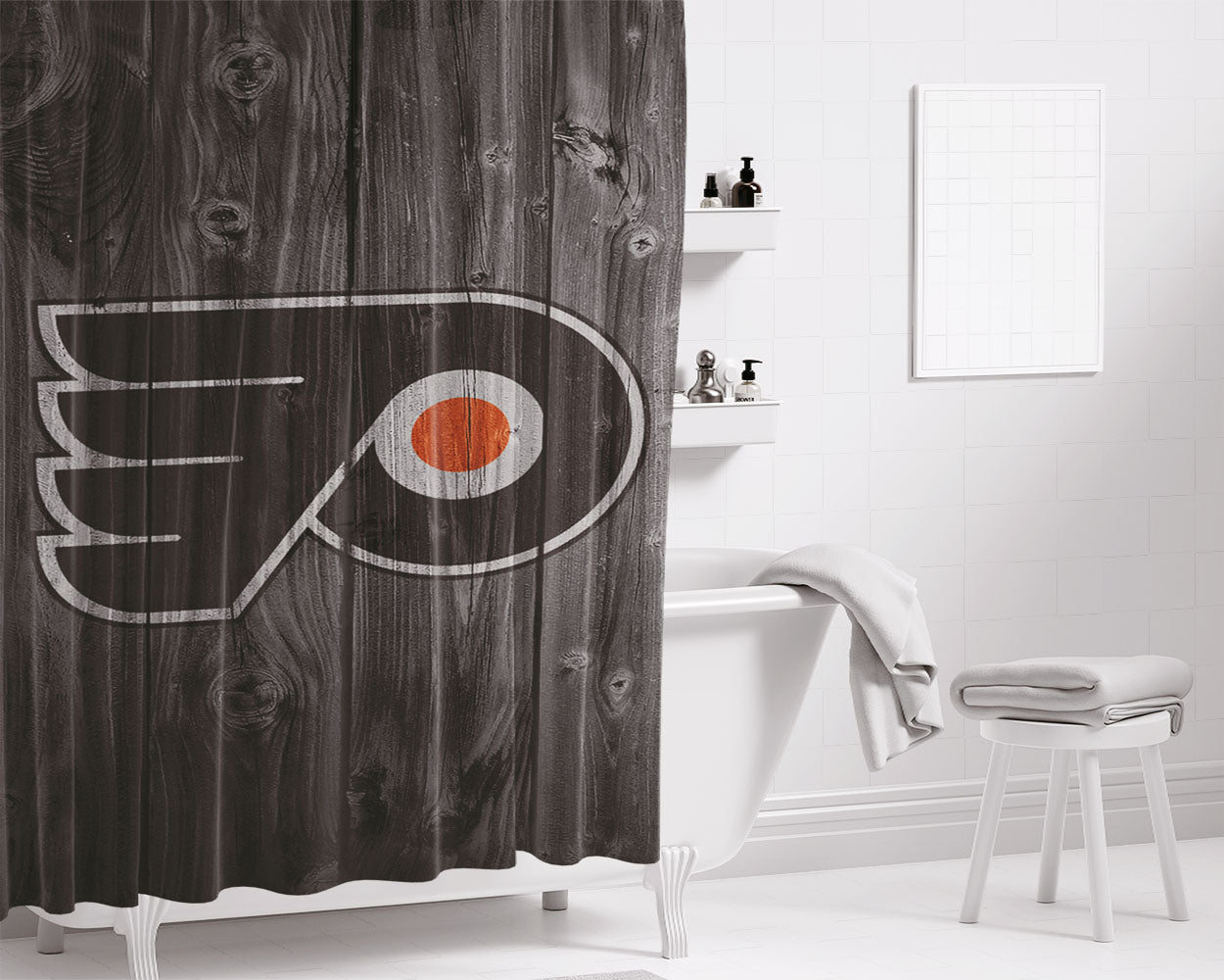 Philadelphia Flyers Nhl Logo Dark Wood Wallpaper Bathroom Shower Curtain Fabric Waterproof | 66 X 72 Inch