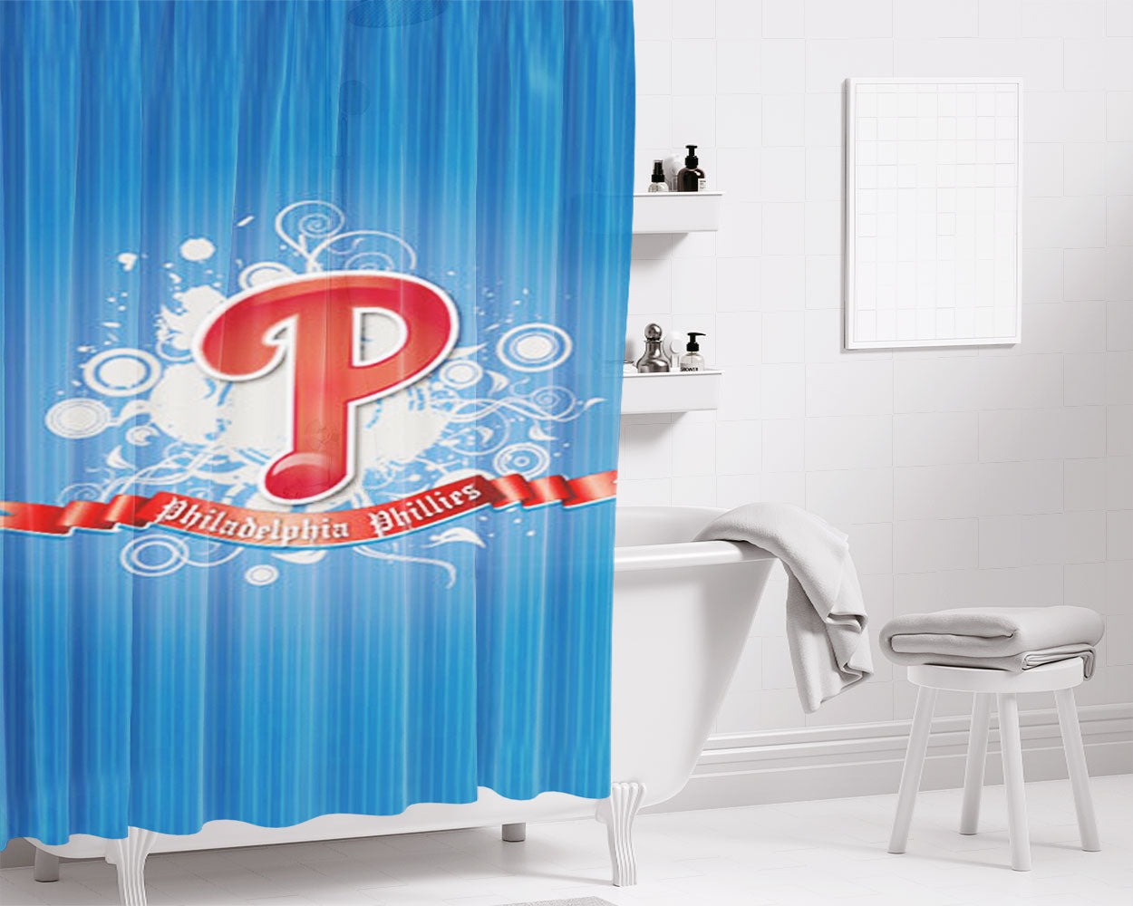 Philadelphia Phillies Blue Bathroom Shower Curtain Fabric Waterproof | 66 X 72 Inch