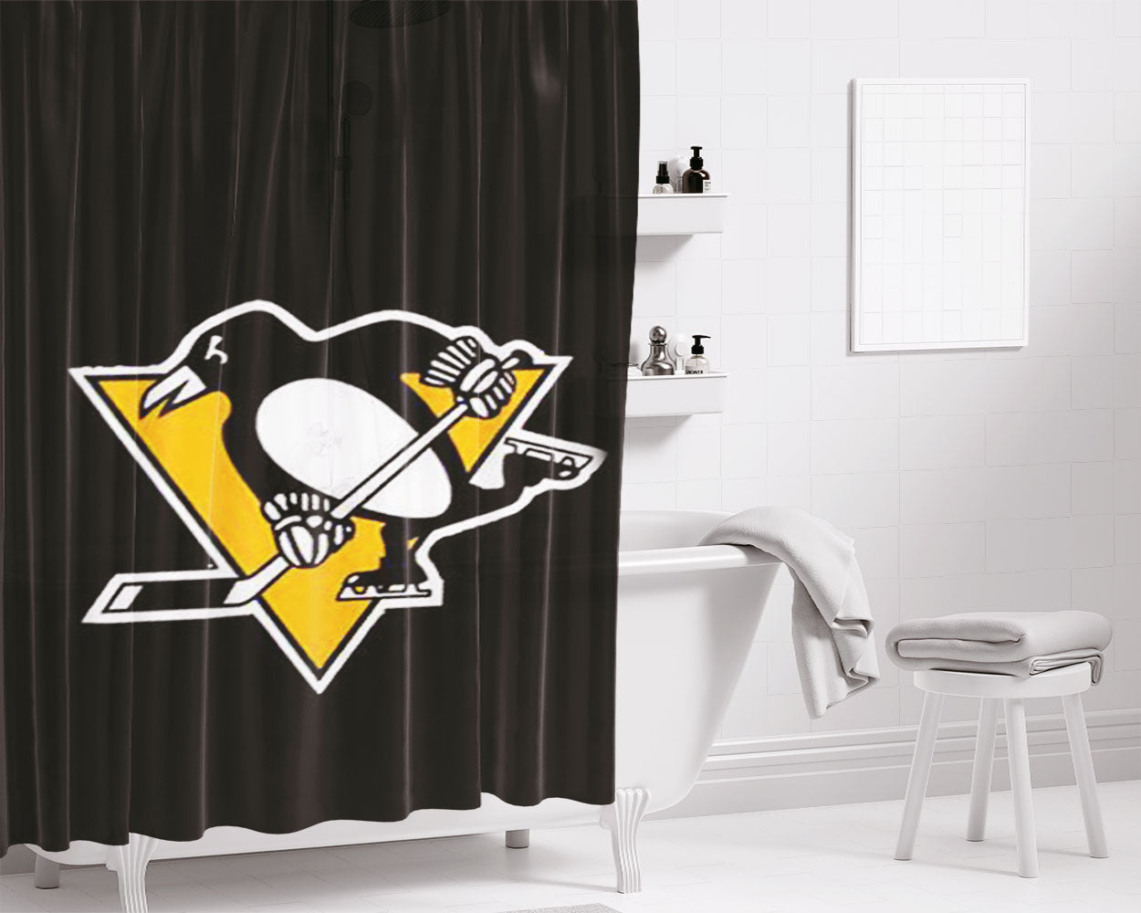 Pittsburgh Penguins Black Logo Bathroom Shower Curtain Fabric Waterproof | 66 X 72 Inch
