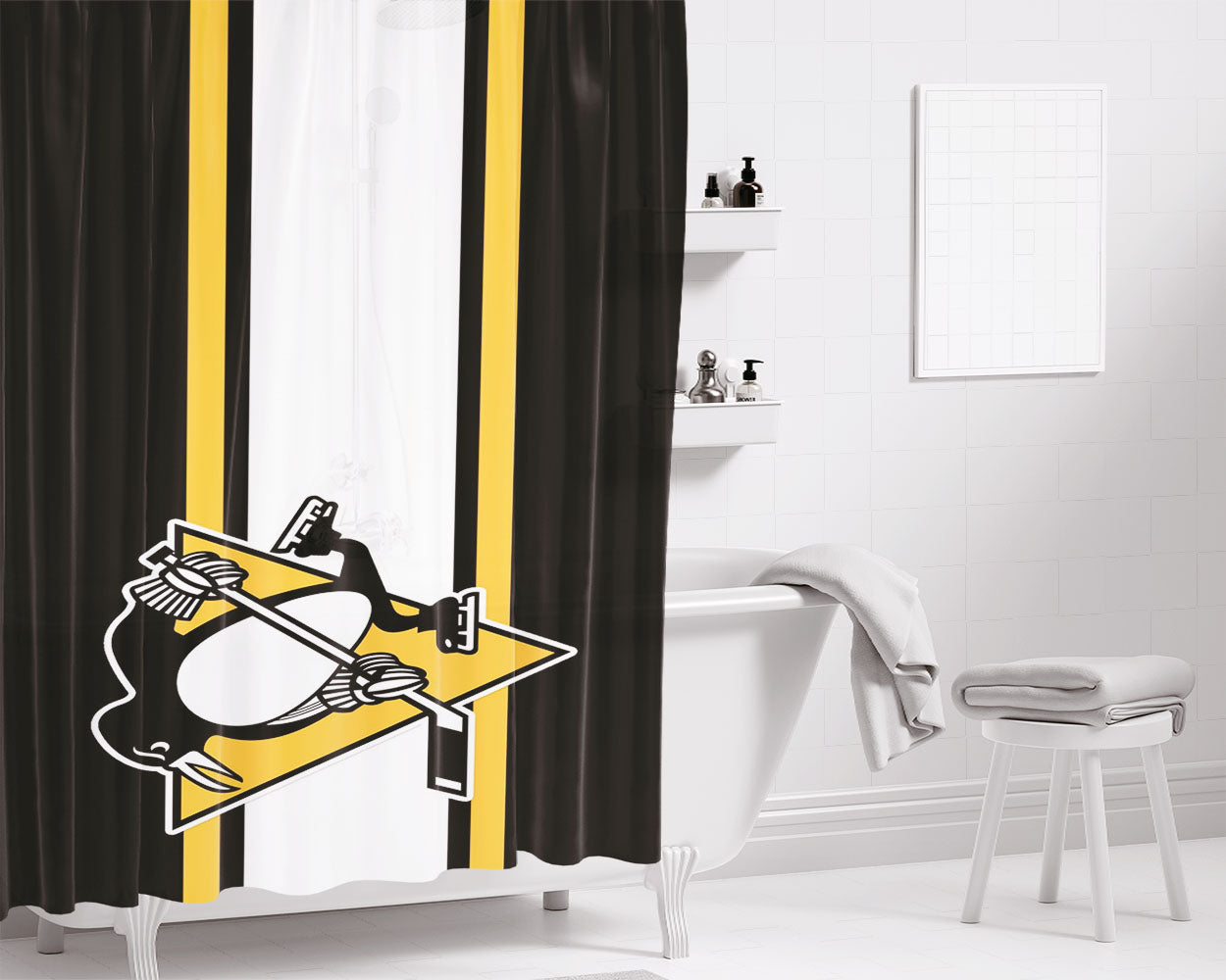 Pittsburgh Penguins Logo Bathroom Shower Curtain Fabric Waterproof | 66 X 72 Inch