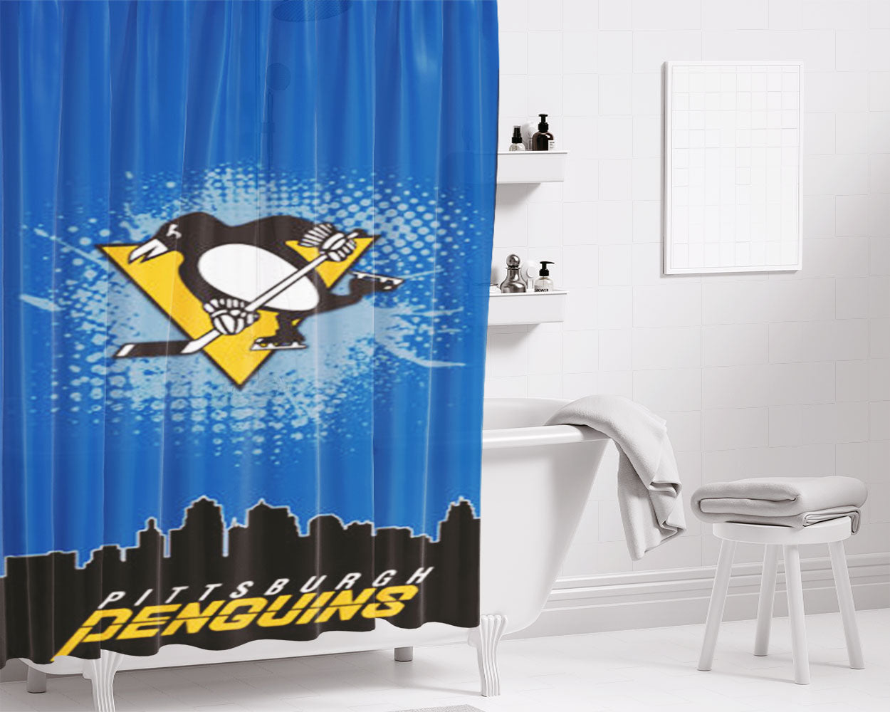 Pittsburgh Penguins Nhl Team Bathroom Shower Curtain Fabric Waterproof | 66 X 72 Inch