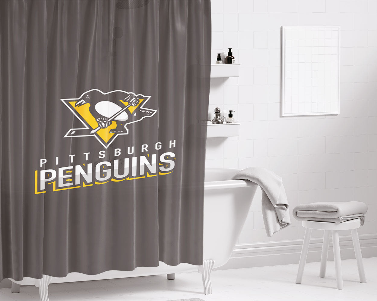 Pittsburgh Penguins Bathroom Shower Curtain Fabric Waterproof | 66 X 72 Inch