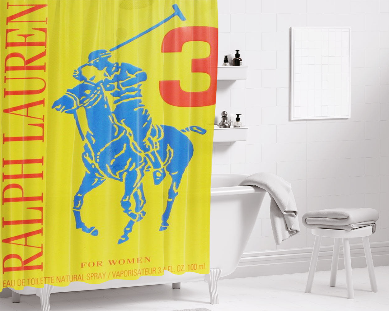 Polo Ralph Lauren Big Pony 3 Yellow Parfume Bathroom Shower Curtain Fabric Waterproof | 66 X 72 Inch