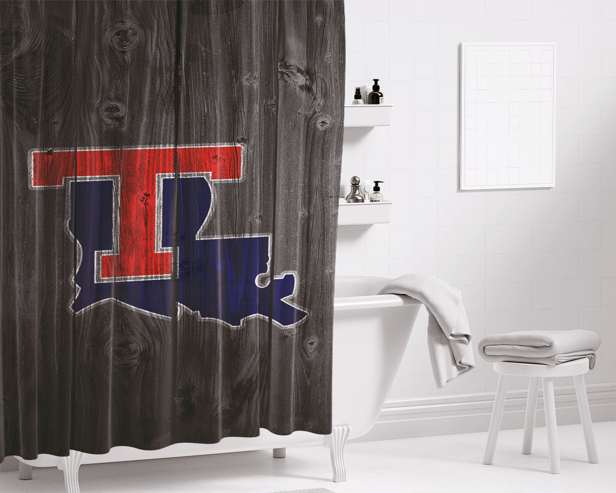 Red Texas Logo Dark Wood Wallpaper Bathroom Shower Curtain Fabric Waterproof | 66 X 72 Inch