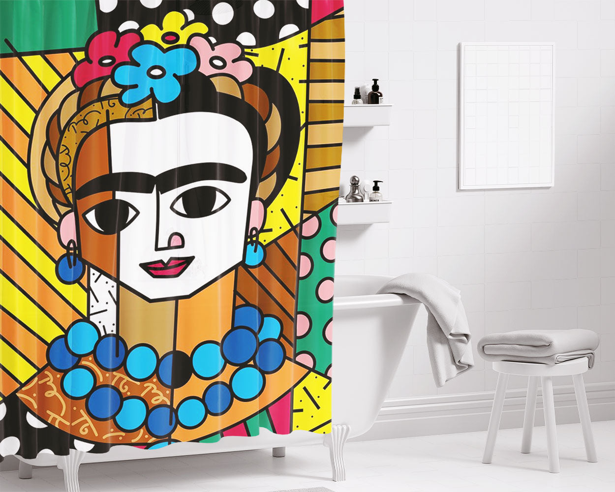Romero Britto Frida Kahlo Wallpaper Bathroom Shower Curtain Fabric Waterproof | 66 X 72 Inch