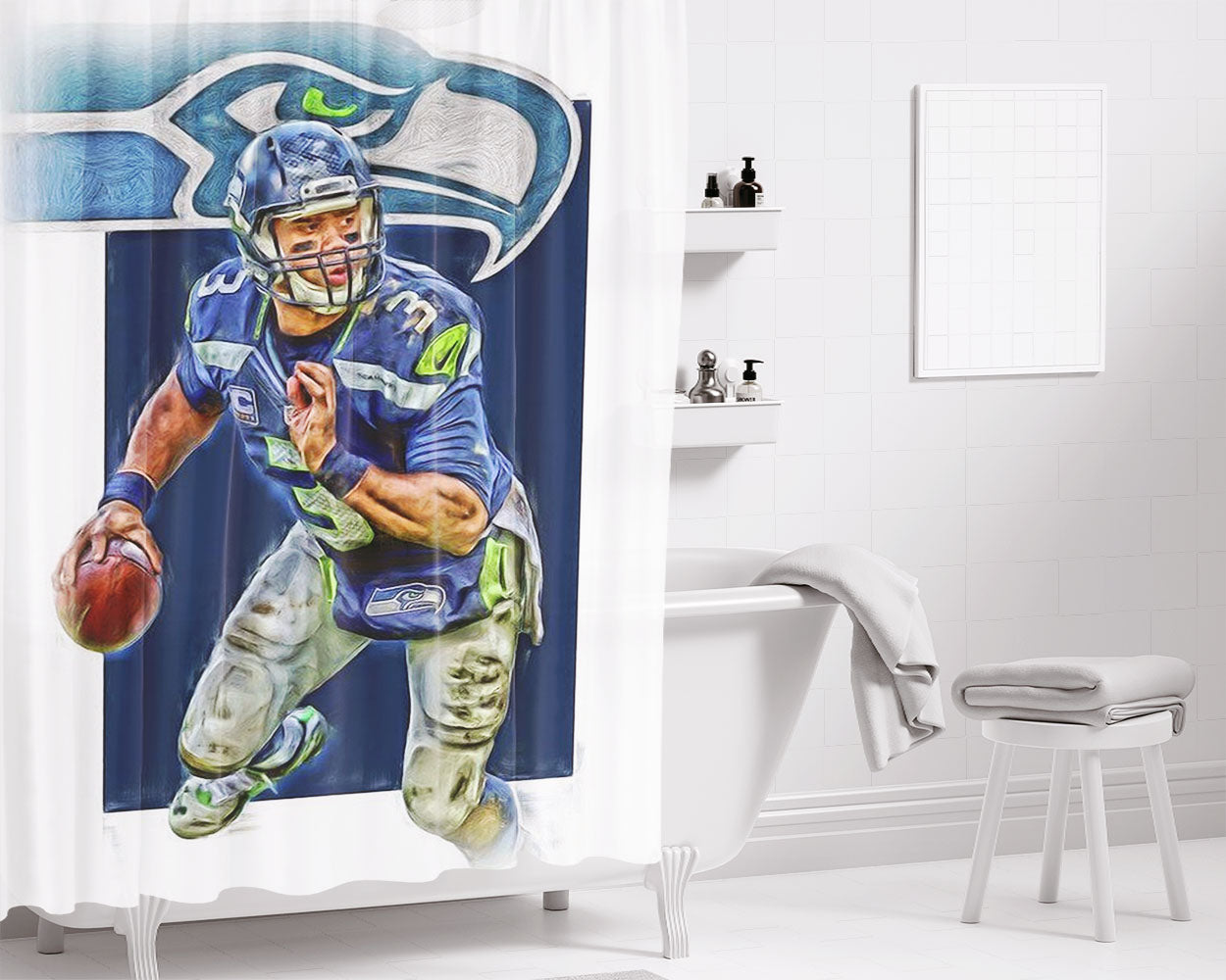 Russell Wilson Seattle Seahawks Oil Art Bathroom Shower Curtain Fabric Waterproof | 66 X 72 Inch