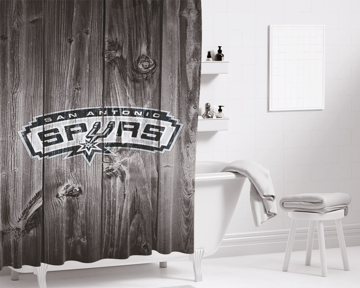 San Antonio Spurs Nba Logo Dark Wood Wallpaper Bathroom Shower Curtain Fabric Waterproof | 66 X 72 Inch