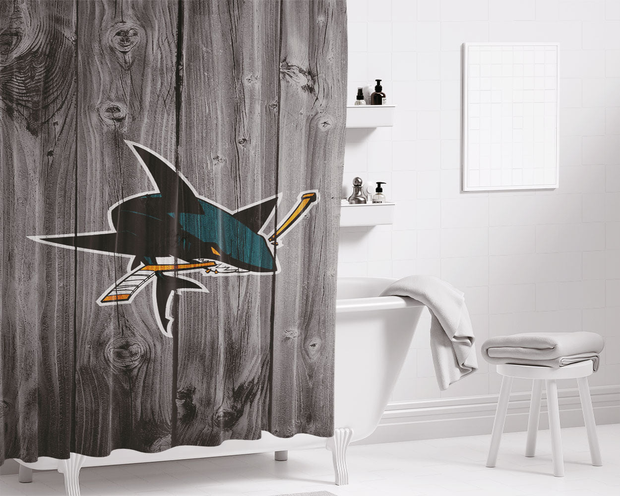 San Jose Sharks Nhl Logo Dark Wood Wallpaper Bathroom Shower Curtain Fabric Waterproof | 66 X 72 Inch