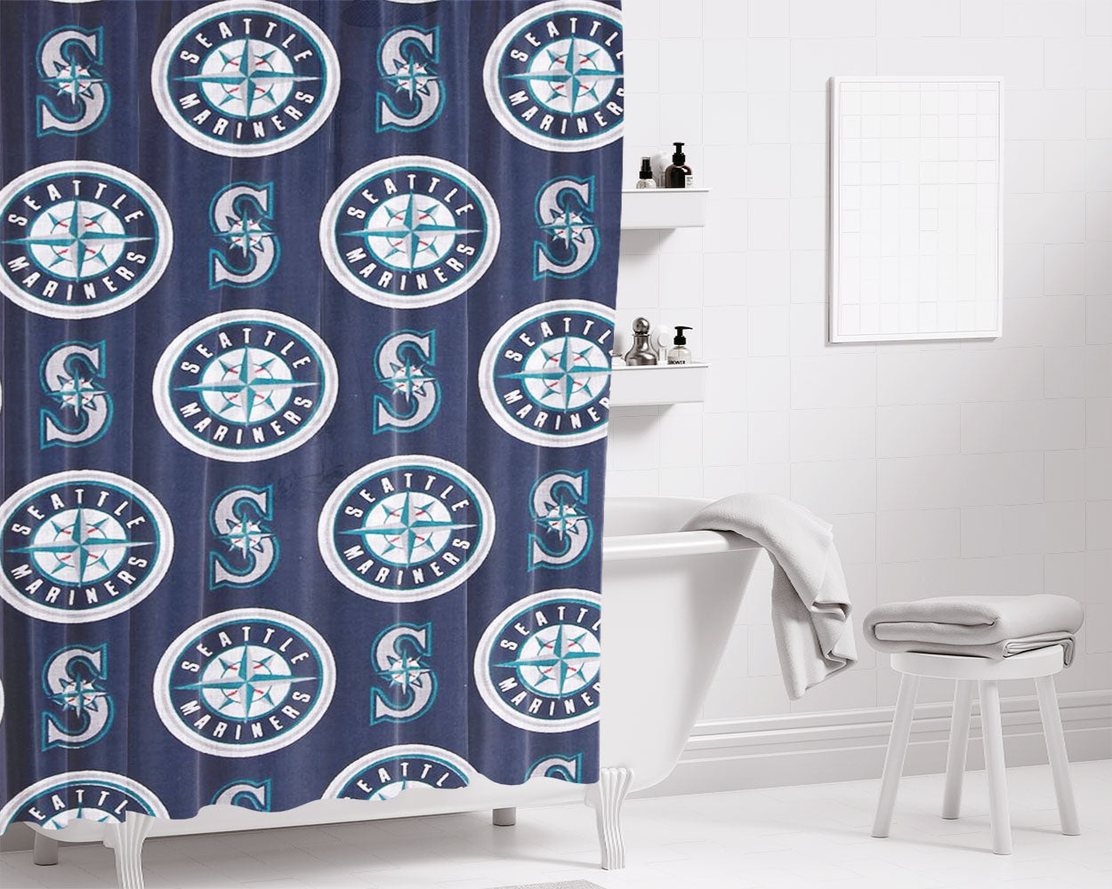 Seattle Mariners Pattern Bathroom Shower Curtain Fabric Waterproof | 66 X 72 Inch
