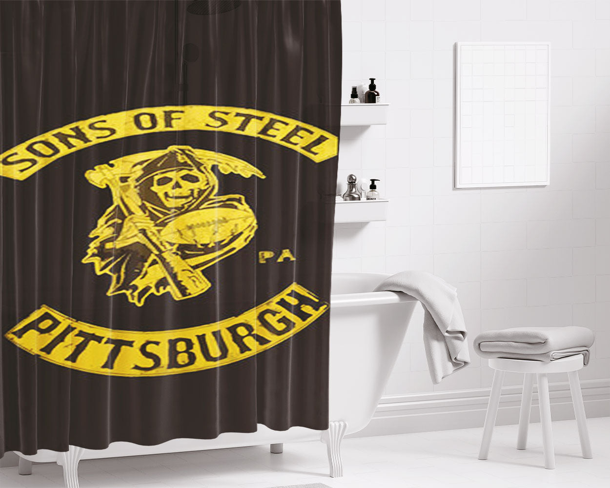 Sons Of Steel Pittsburgh Dark Grey Bathroom Shower Curtain Fabric Waterproof | 66 X 72 Inch
