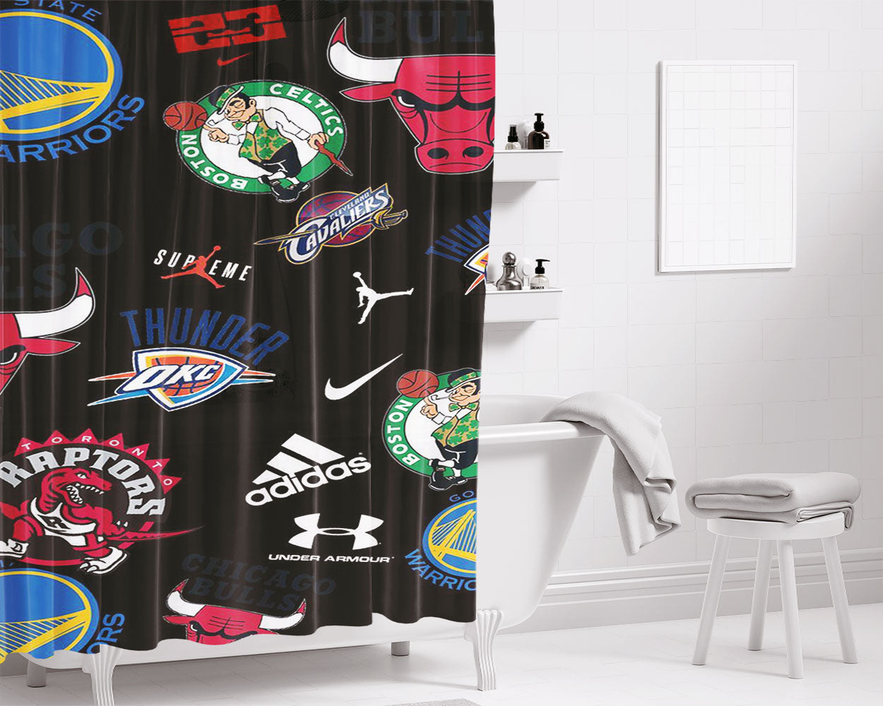 Sport Logo Pattern Nba Bathroom Shower Curtain Fabric Waterproof | 66 X 72 Inch