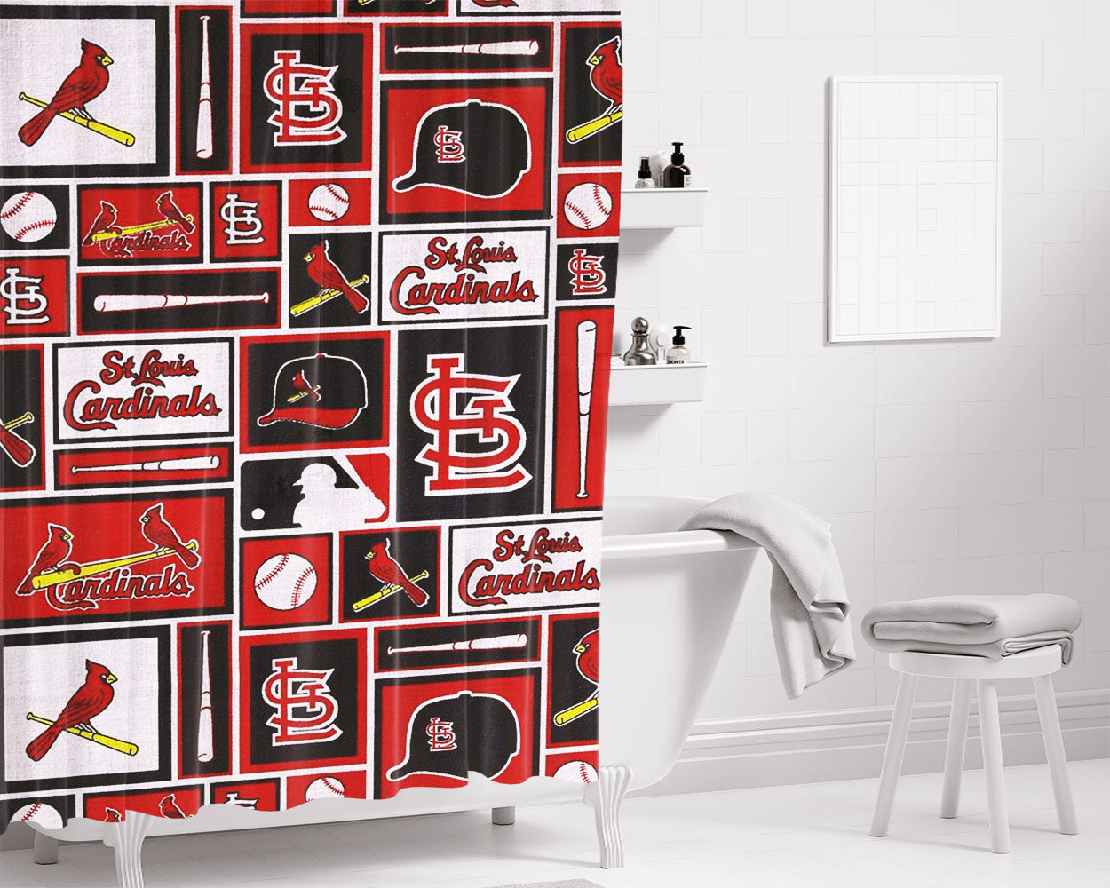 St Louis Cardinals Baseball Doodle Logo Bathroom Shower Curtain Fabric Waterproof | 66 X 72 Inch