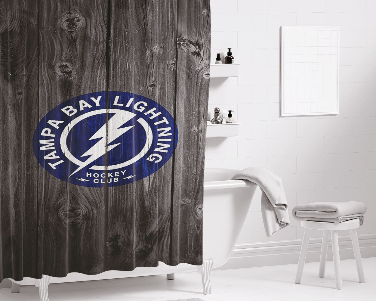 Tampa Bay Lightning Nhl Logo Dark Wood Wallpaper Bathroom Shower Curtain Fabric Waterproof | 66 X 72 Inch