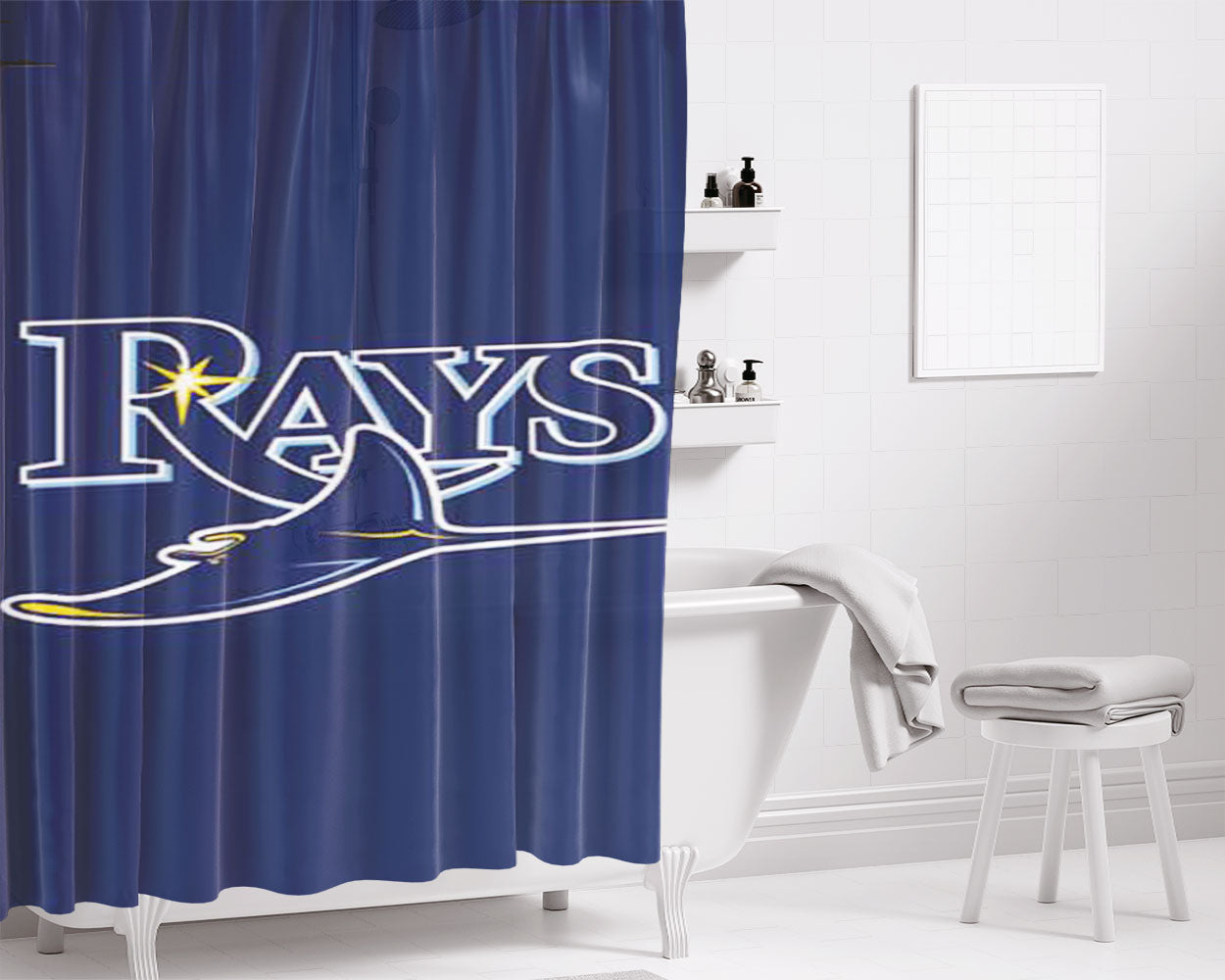 Tampa Bay Rays Logo On Blue Bathroom Shower Curtain Fabric Waterproof | 66 X 72 Inch