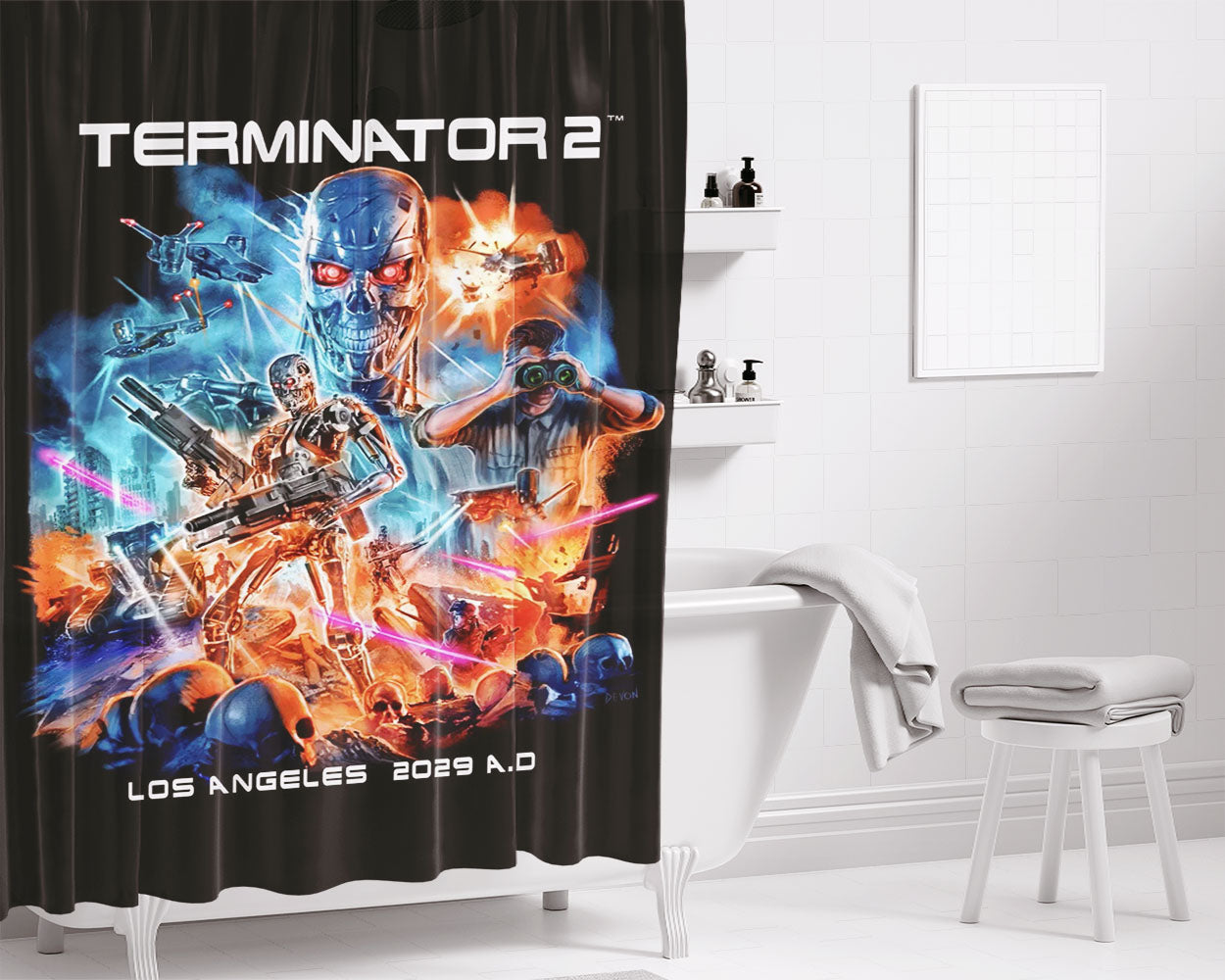 Terminator 2 Los Angeles 2029 Ad Poster Movie Bathroom Shower Curtain Fabric Waterproof | 66 X 72 Inch