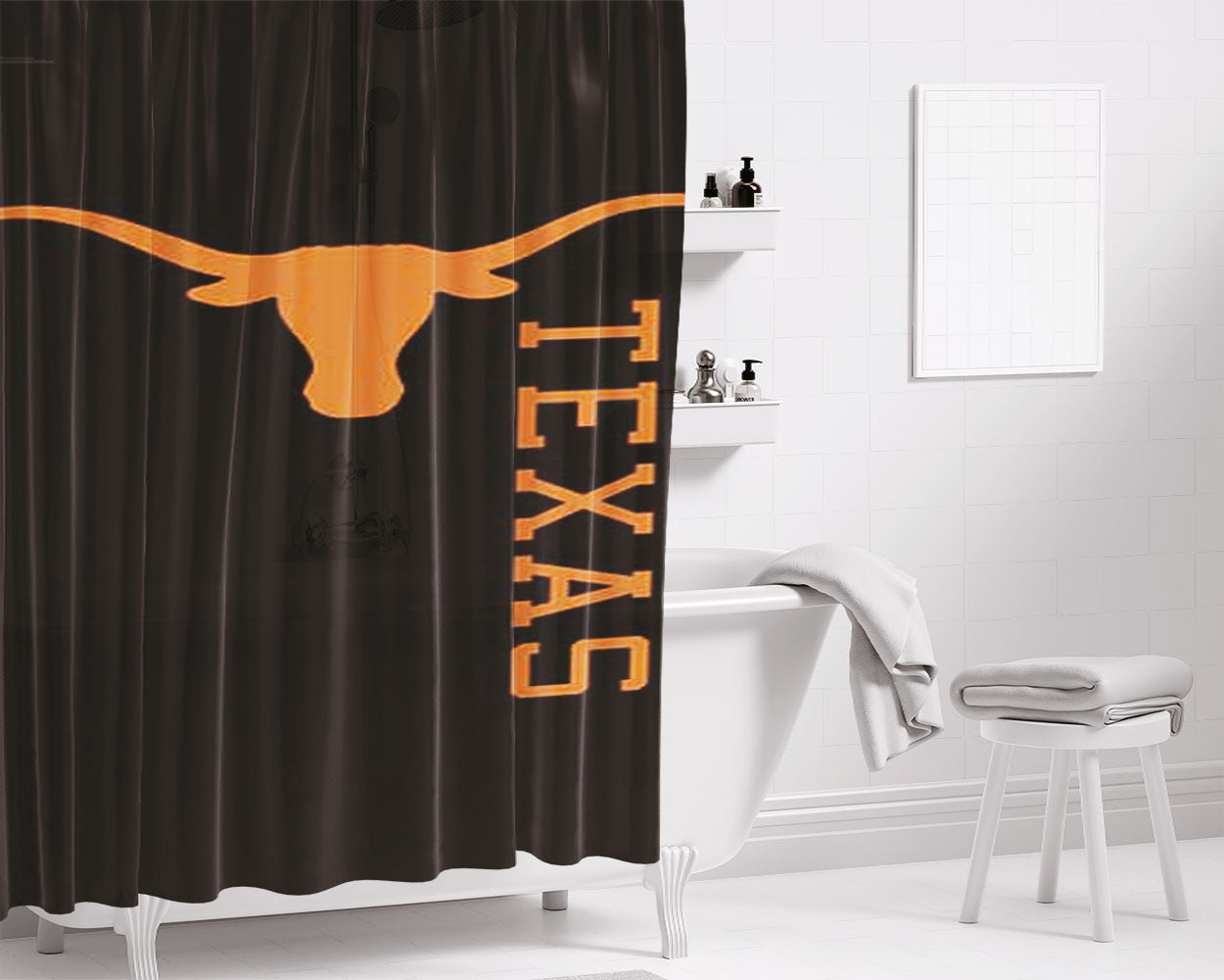 Texas Longhorns Orange On Black Bathroom Shower Curtain Fabric Waterproof | 66 X 72 Inch