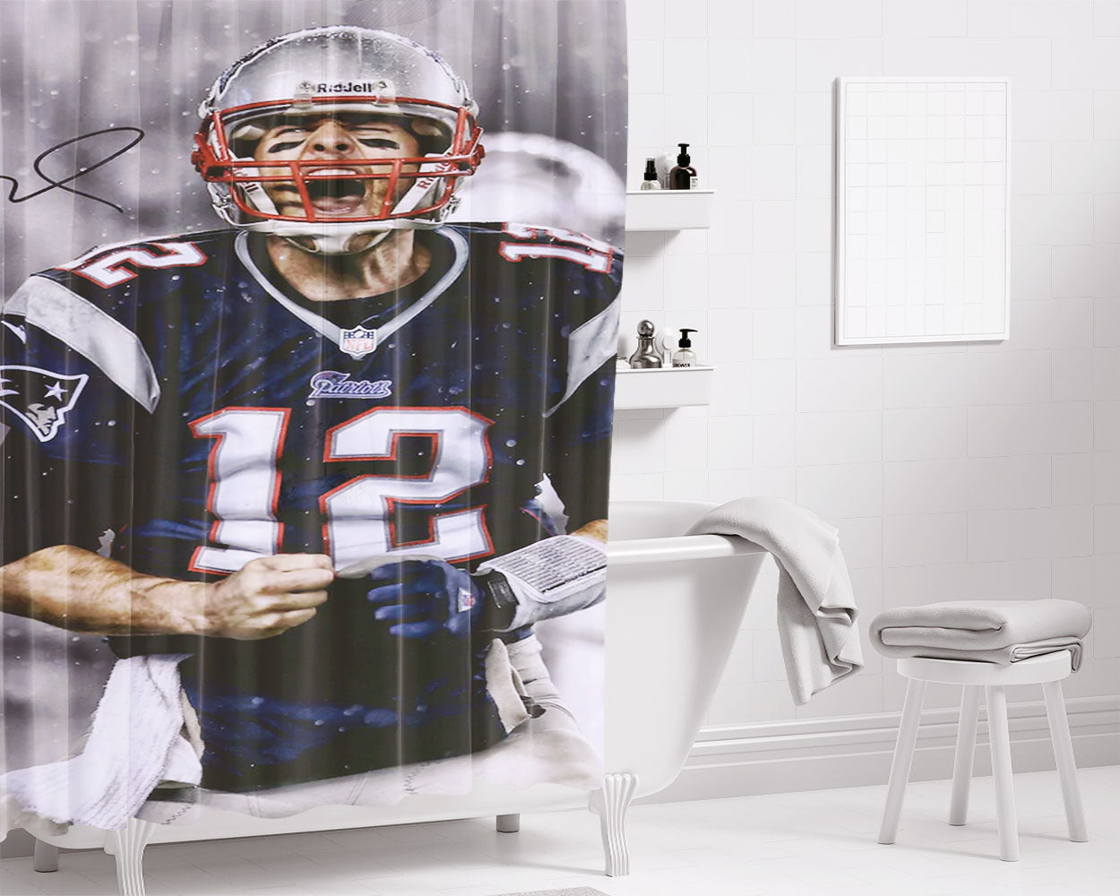 Tom Brady New England Patriots Nfl Wallpaper Bathroom Shower Curtain Fabric Waterproof | 66 X 72 Inch