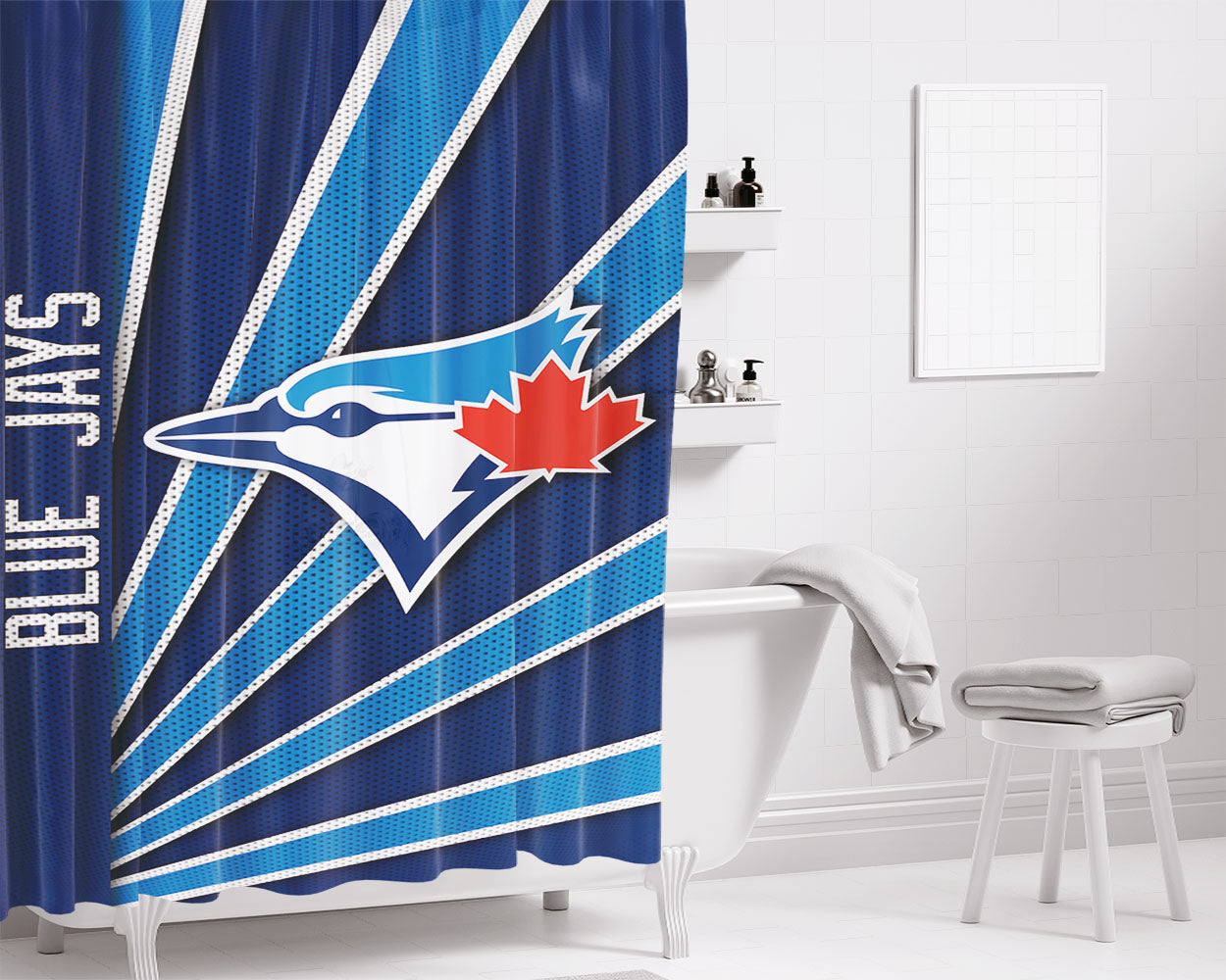 Toronto Blue Jays Stripe Wallpaper Bathroom Shower Curtain Fabric Waterproof | 66 X 72 Inch