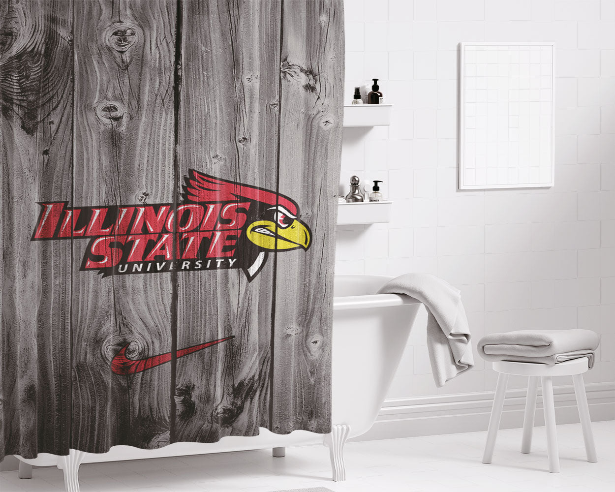 University Of Illinois State Redbirds Logo Dark Wood Wallpaper Bathroom Shower Curtain Fabric Waterproof | 66 X 72 Inch