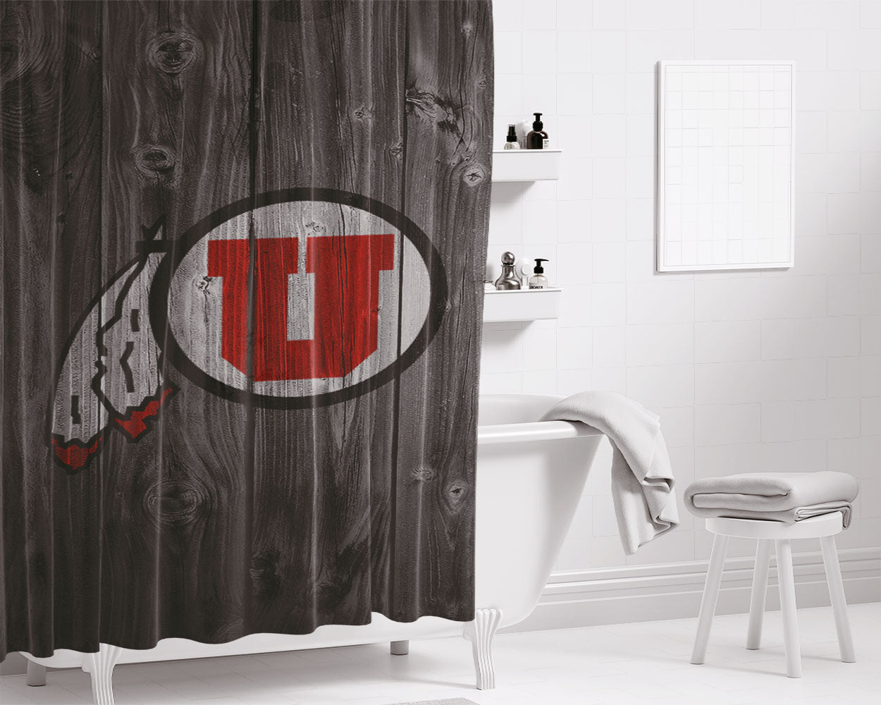 Utah University Logo Dark Wood Wallpaper Bathroom Shower Curtain Fabric Waterproof | 66 X 72 Inch