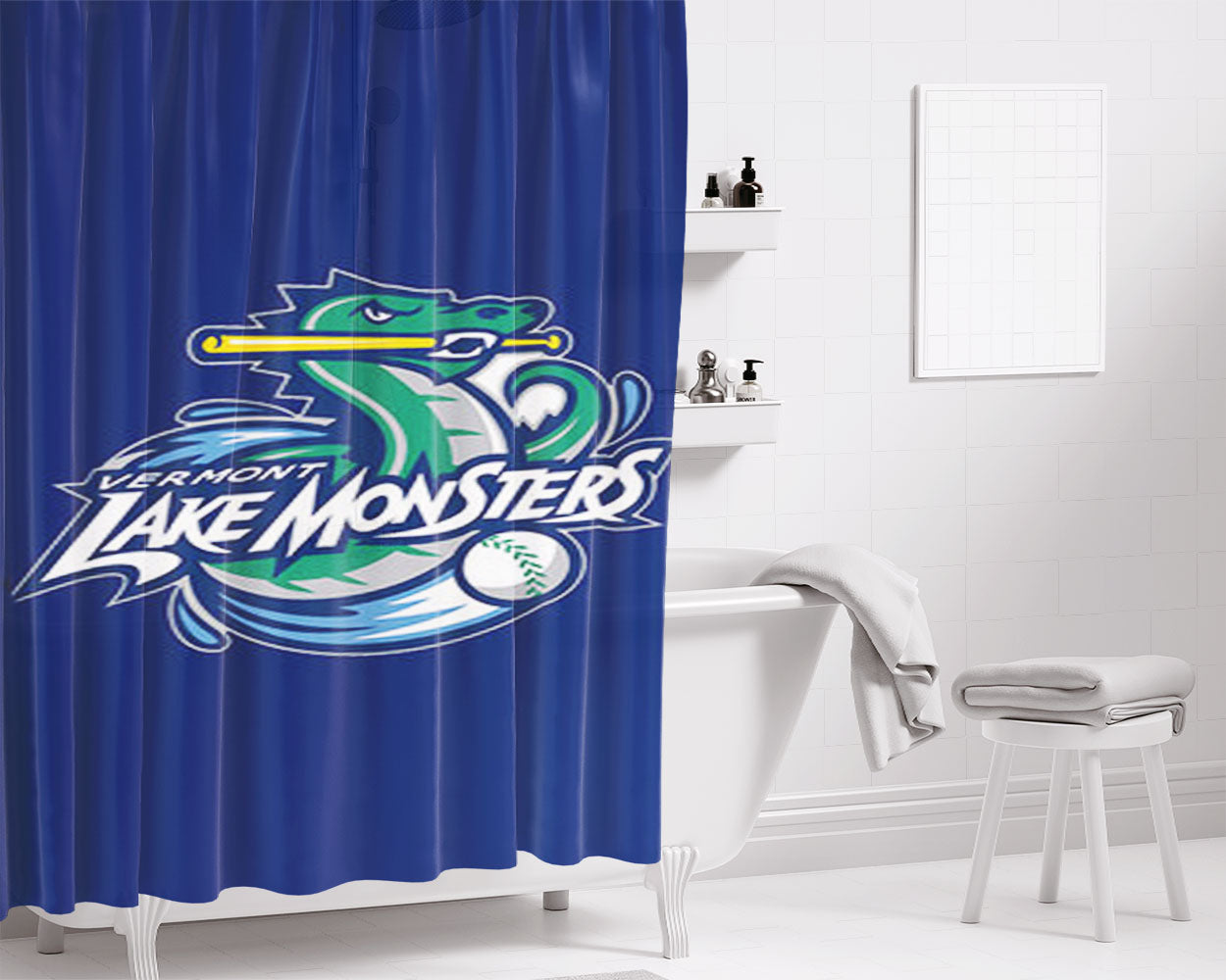 Vermont Lake Monsters Baseball Blue Bathroom Shower Curtain Fabric Waterproof | 66 X 72 Inch