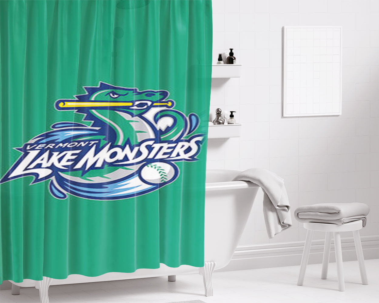 Vermont Lake Monsters Baseball Green Bathroom Shower Curtain Fabric Waterproof | 66 X 72 Inch
