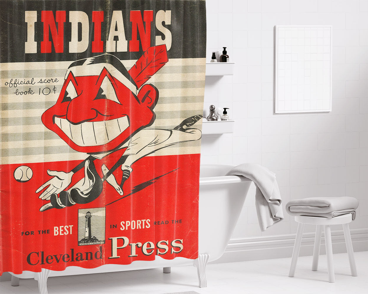 Vintage Cleveland Indians Press 1950 Bathroom Shower Curtain Fabric Waterproof | 66 X 72 Inch