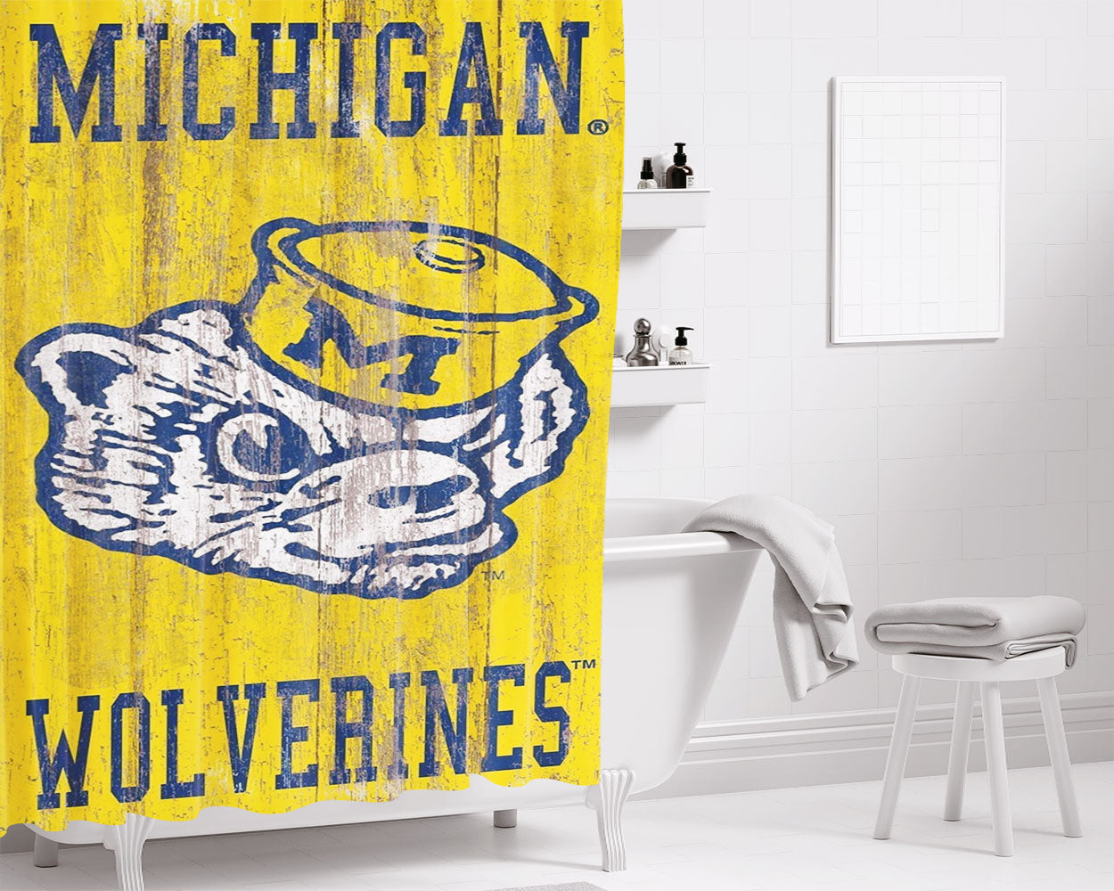 Vintage Michigan Wolverines Team Logo Bathroom Shower Curtain Fabric Waterproof | 66 X 72 Inch
