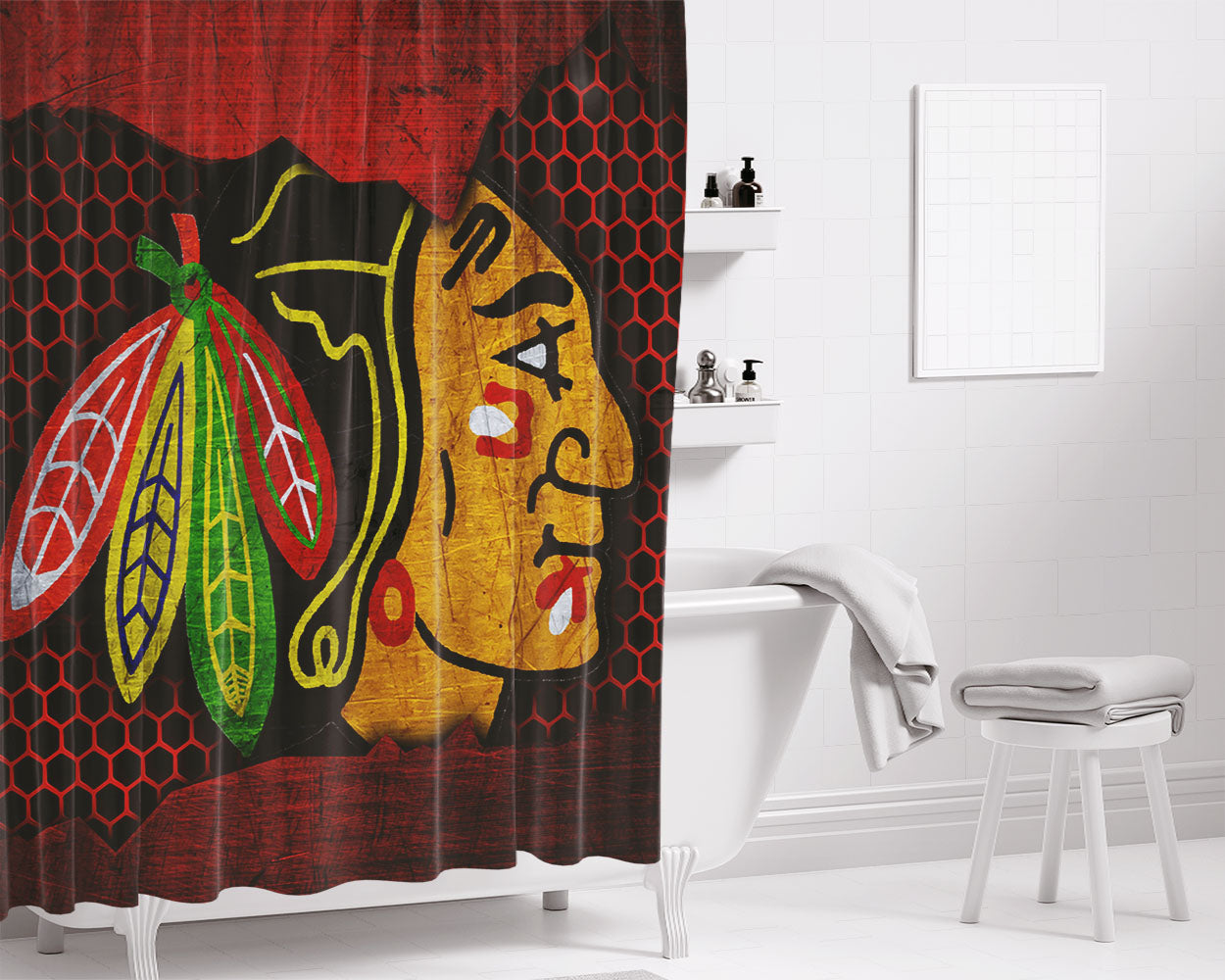 Wallpaper Sport Logo Nhl Hockey Chicago Blackhawks Bathroom Shower Curtain Fabric Waterproof | 66 X 72 Inch