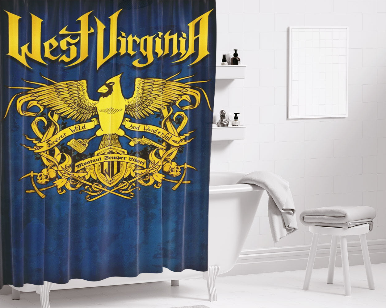 West Virginia Crest Blue Logo Bathroom Shower Curtain Fabric Waterproof | 66 X 72 Inch