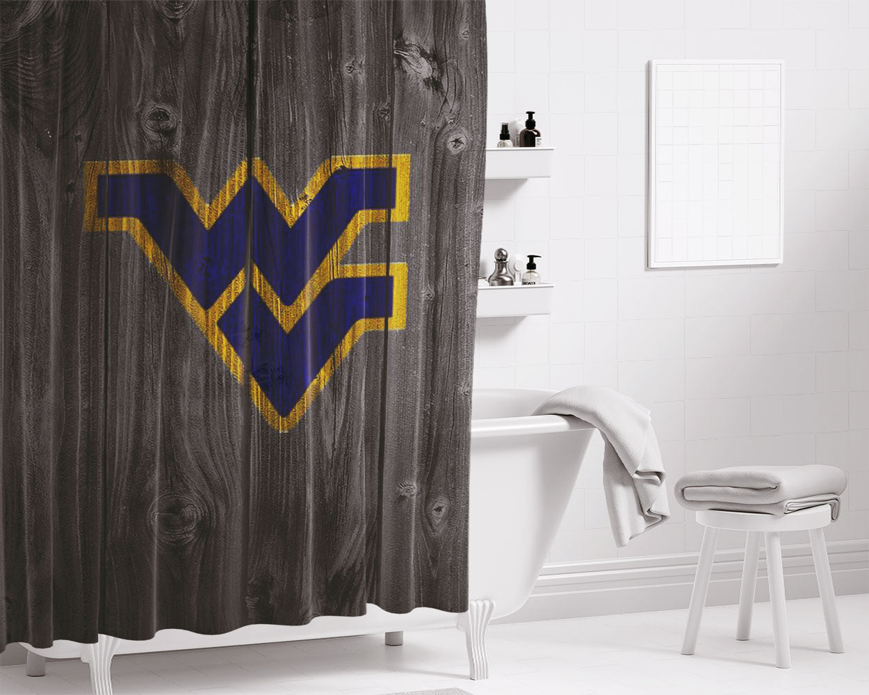 West Virginia Football Logo Logo Dark Wood Wallpaper Bathroom Shower Curtain Fabric Waterproof | 66 X 72 Inch
