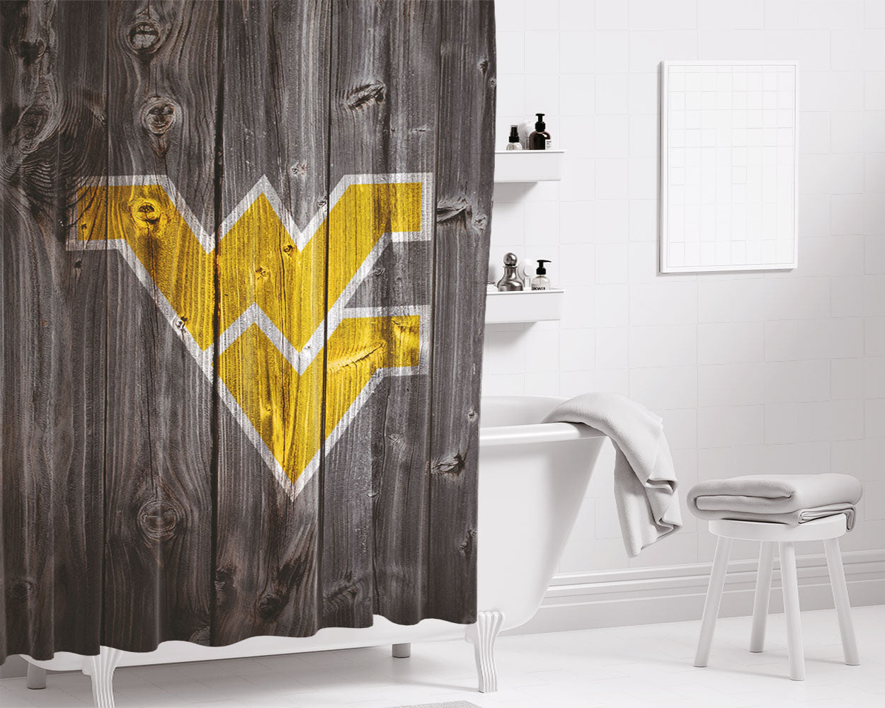 West Virginia Yellow Logo Dark Wood Wallpaper Bathroom Shower Curtain Fabric Waterproof | 66 X 72 Inch