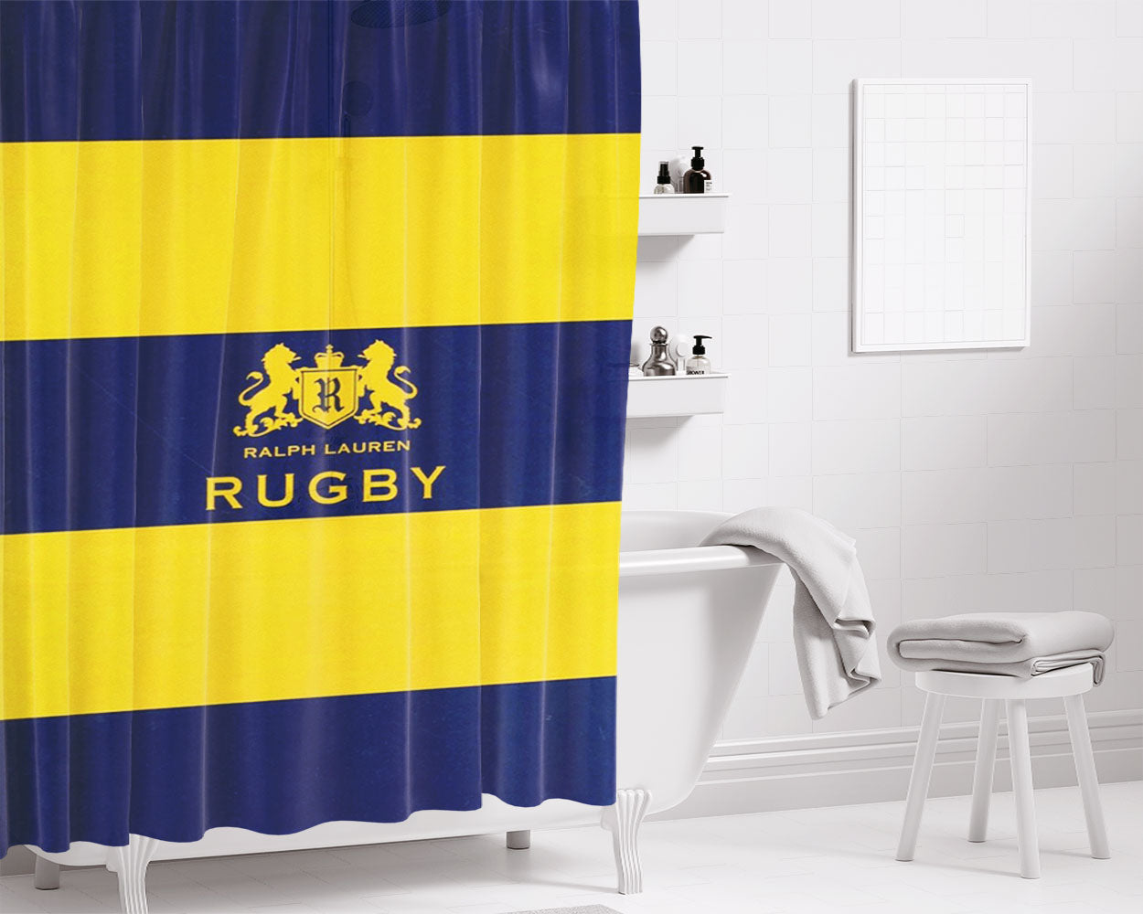 Yellow Blue Stripe Polo Ralph Lauren Rugby Logo Bathroom Shower Curtain Fabric Waterproof | 66 X 72 Inch
