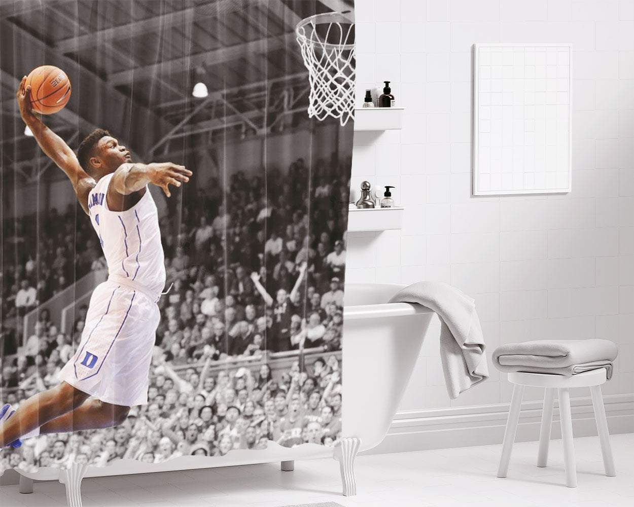 Zion Williamson Dunking Slam Dunk Duke Bathroom Shower Curtain Fabric Waterproof | 66 X 72 Inch