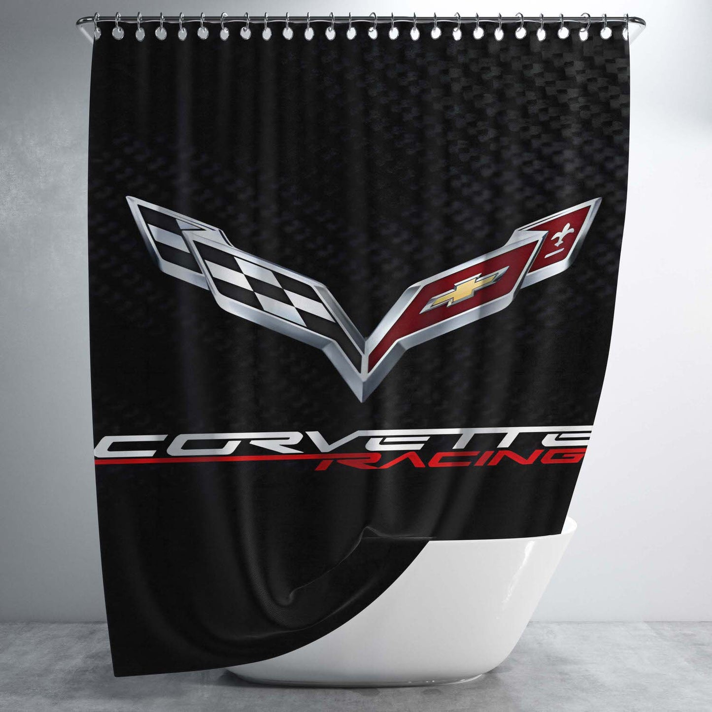 Corvette Logo Carbon Bathroom Shower Curtain Fabric Waterproof | 66 X 72 Inch
