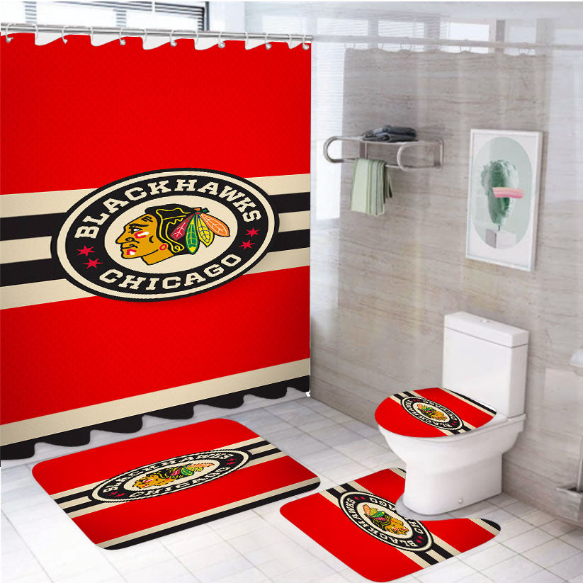Chicago Blackhawks White Shower Curtain Set Fabric Waterproof