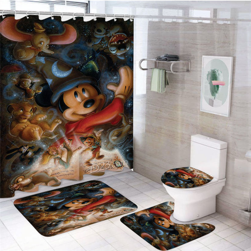 Disney Mickey Mouse And More Character White Shower Curtain Set Fabric Waterproof