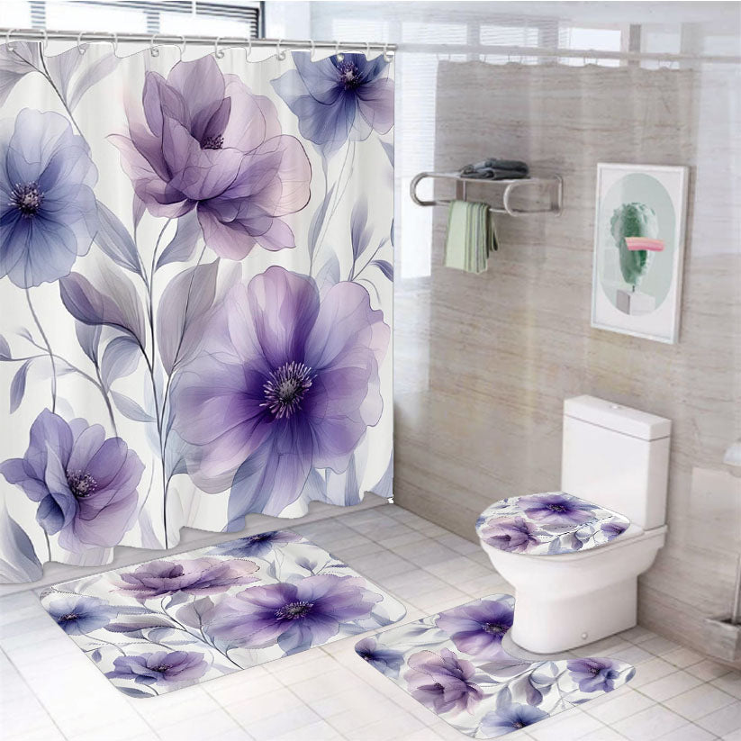 Elegant Purple Floral White Shower Curtain Set Fabric Waterproof