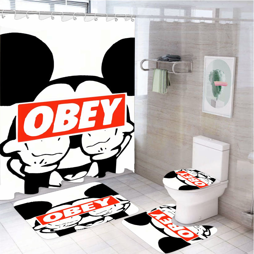 Mickey Obey Style White Shower Curtain Set Fabric Waterproof