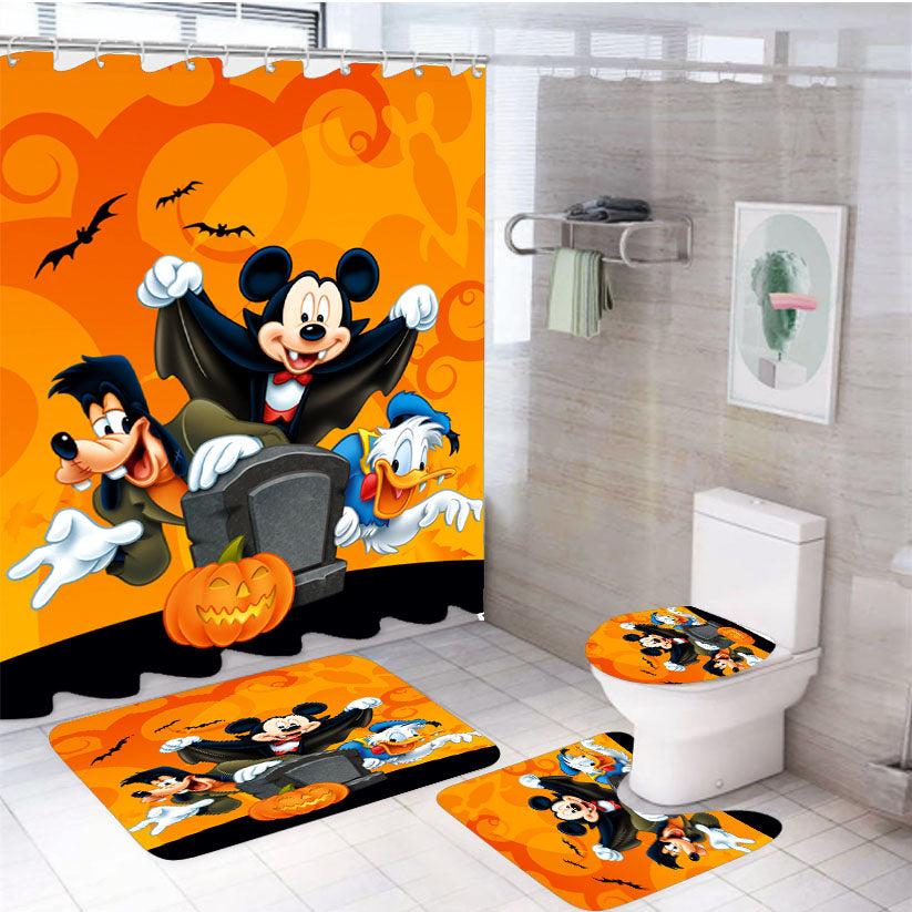 Mickey X Goofy X Duck Halloween White Shower Curtain Set Fabric Waterproof