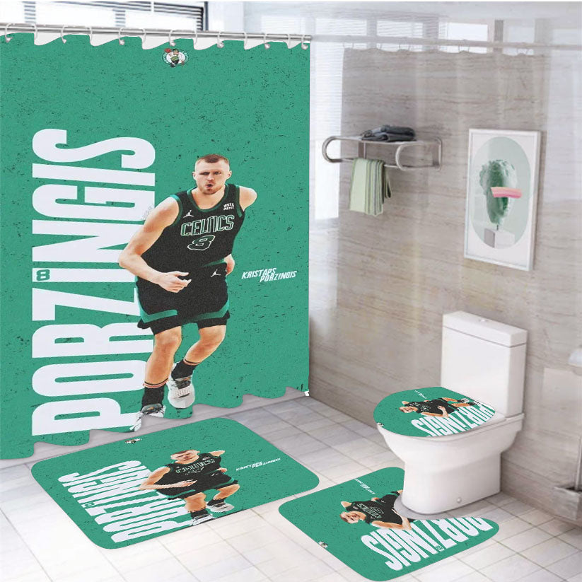 Porzingis White Shower Curtain Set Fabric Waterproof