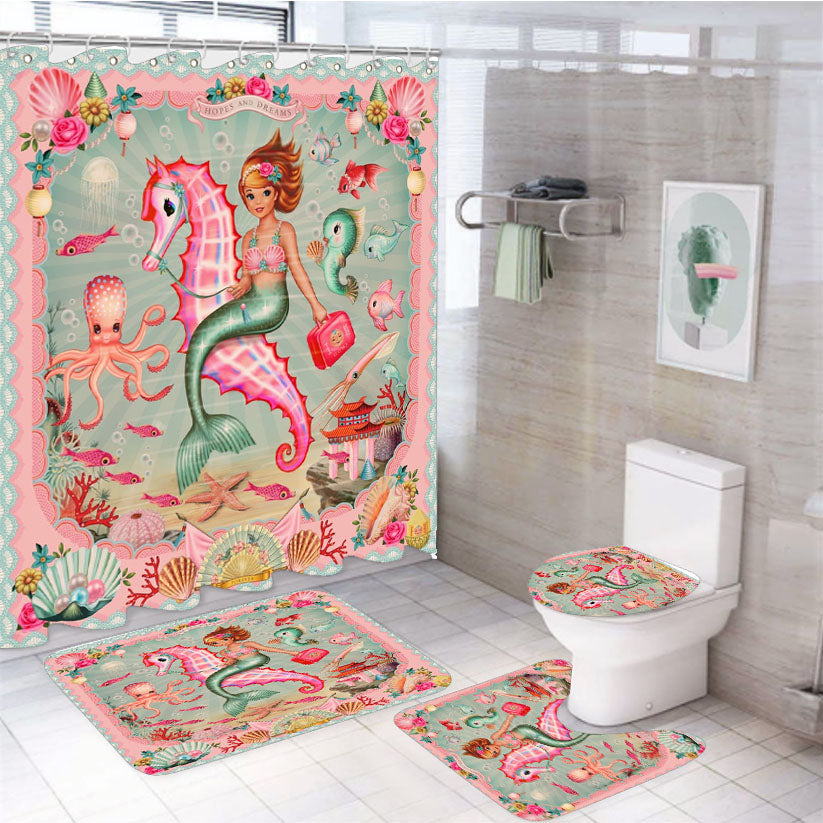 Vintage Mermaid White Shower Curtain Set Fabric Waterproof
