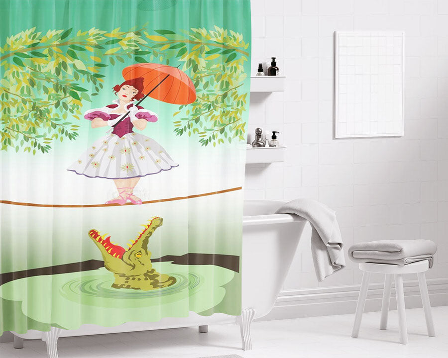 Cute Halloween The Crocodile Girl Deadly Tightrope Circus Bathroom Shower Curtain Fabric Waterproof | 66 X 72 Inch