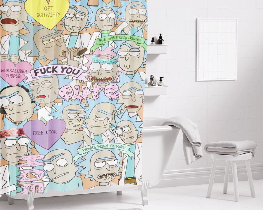 Rick Schwifty Collage Bathroom Shower Curtain Fabric Waterproof | 66 X 72 Inch