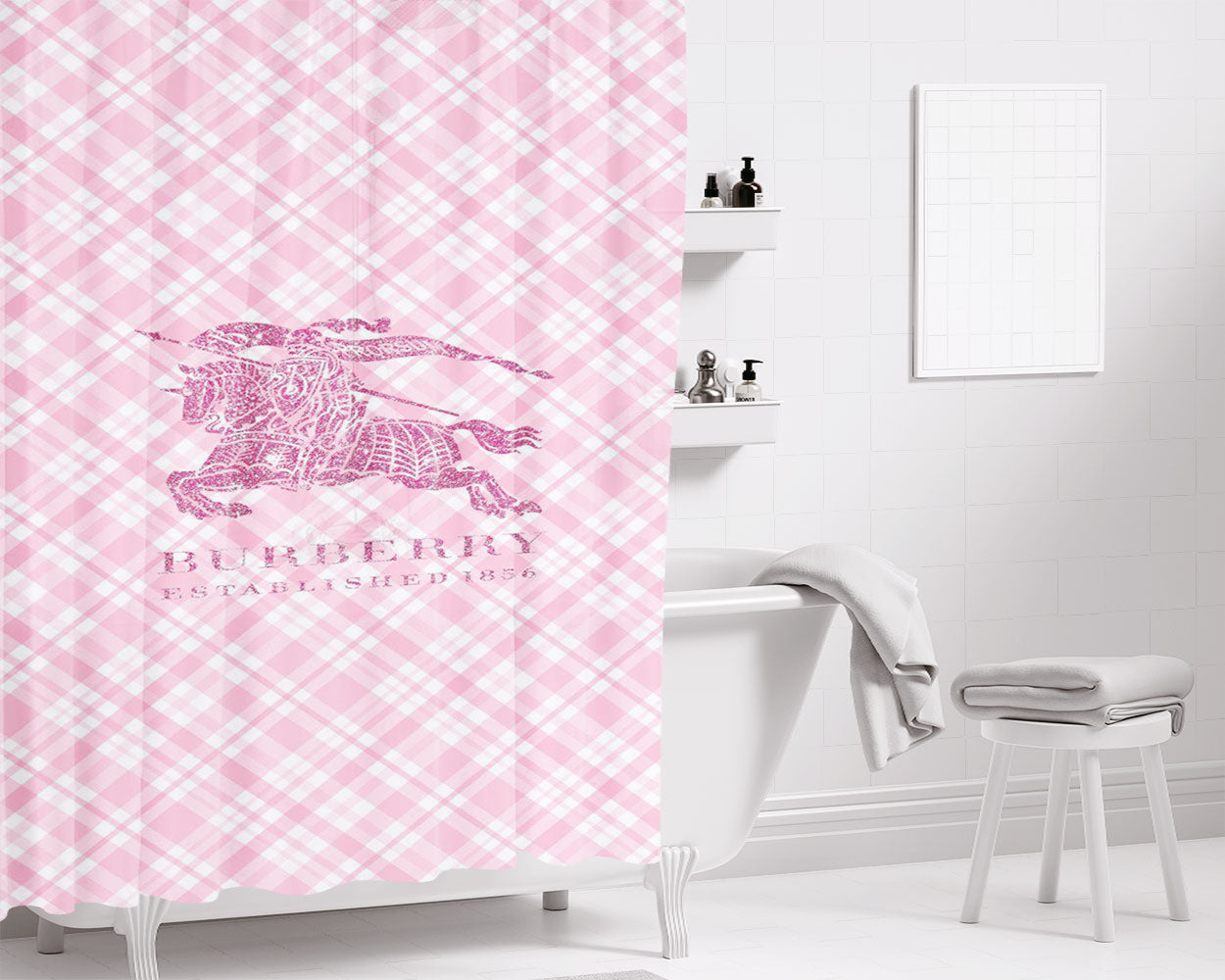 Burberry Pink Bathroom Shower Curtain Fabric Waterproof | 66 X 72 Inch