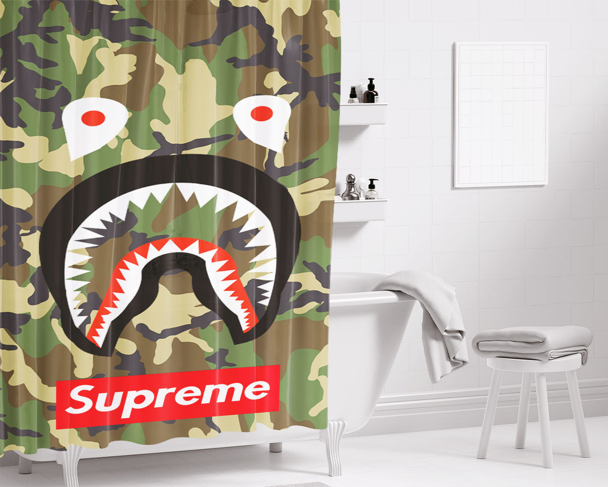 Face Shark Camou Supreme Bathroom Shower Curtain Fabric Waterproof | 66 X 72 Inch