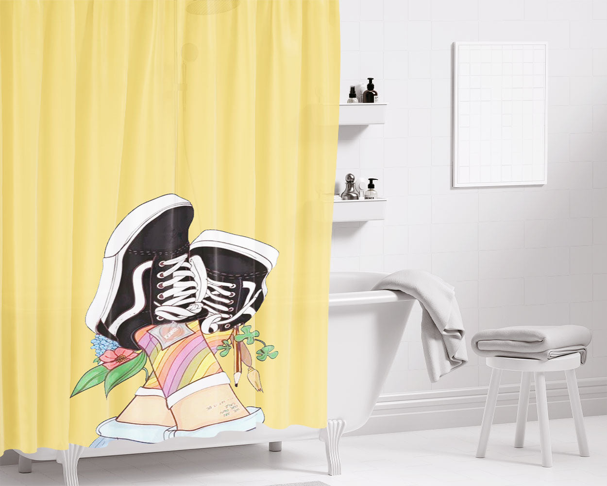 Girls Feet Canvas Vans Shoes Cute Cartoon Bathroom Shower Curtain Fabric Waterproof | 66 X 72 Inch