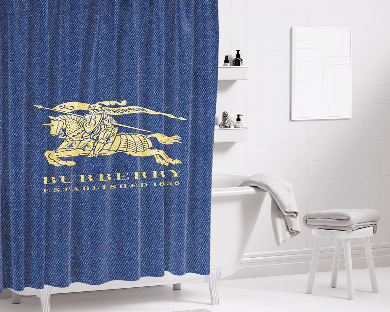 Gold Burberry On Blue Gl Bathroom Shower Curtain Fabric Waterproof | 66 X 72 Inch
